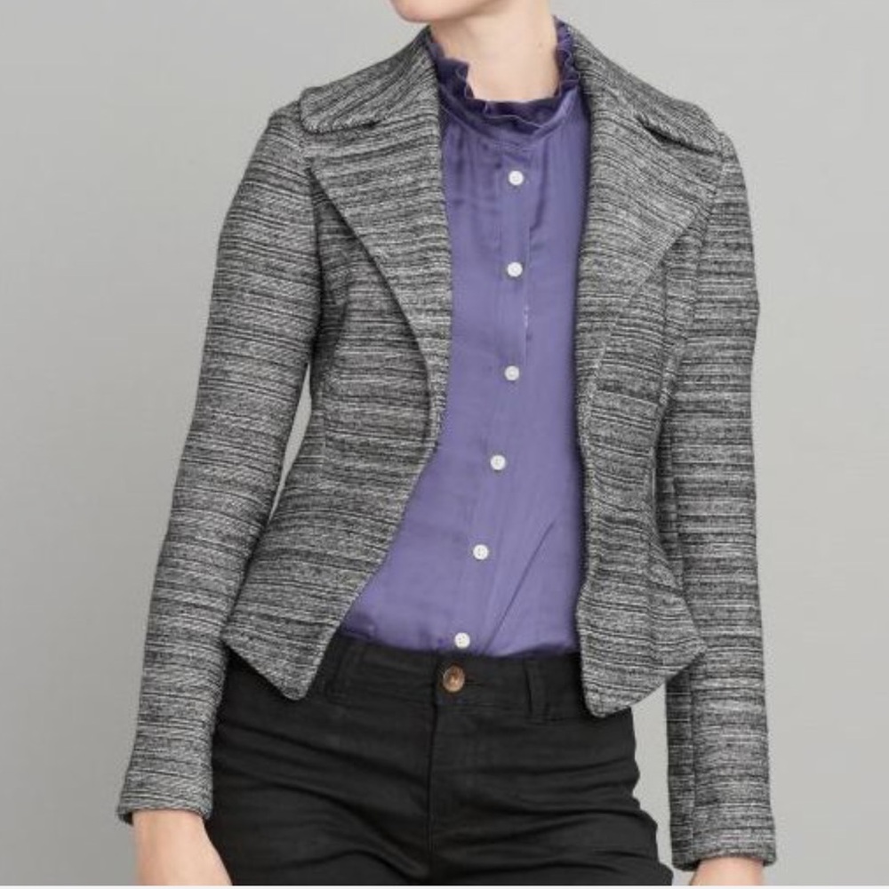 BANANA REPUBLIC Size 6 Black Variegated Cotton/Wool CAMILLE Peplum Blazer Jacket